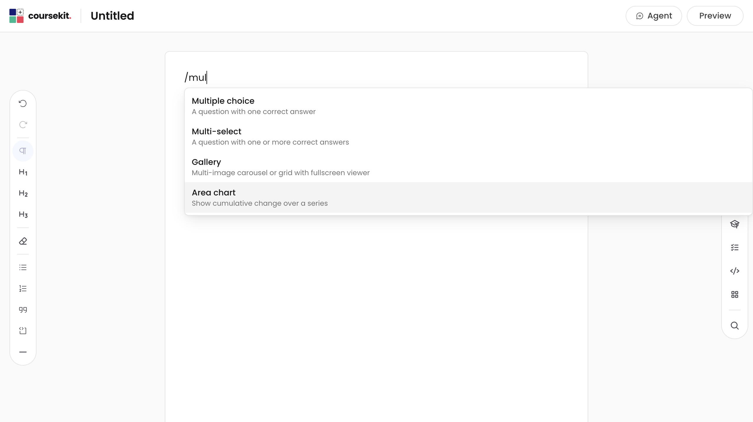 Slash menu open, multiple choice highlighted